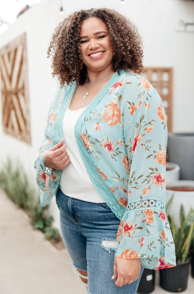 Floral Bell Sleeve Kimono in Mint