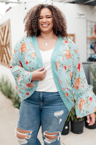 Floral Bell Sleeve Kimono in Mint