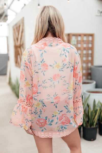 Floral Bell Sleeve Kimono in Pink