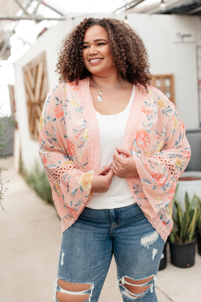 Floral Bell Sleeve Kimono in Pink