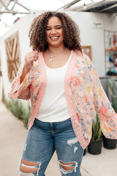 Floral Bell Sleeve Kimono in Pink