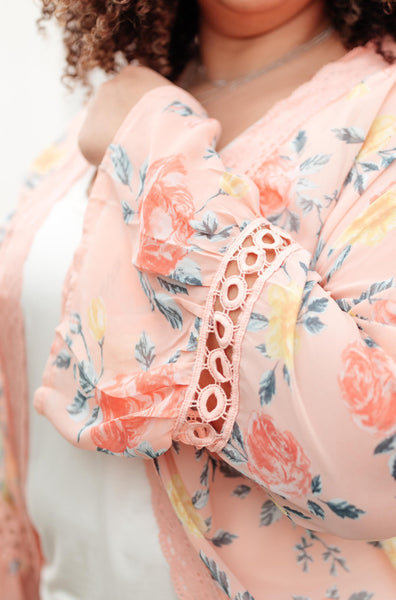 Floral Bell Sleeve Kimono in Pink