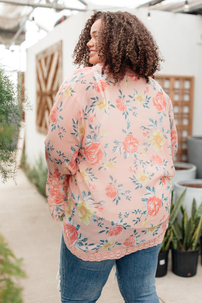 Floral Bell Sleeve Kimono in Pink