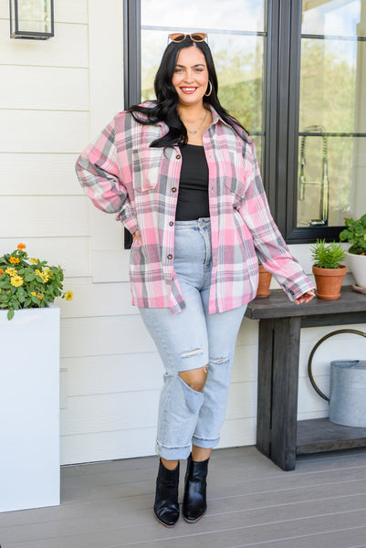 Go For It Oversize Plaid Flannel Shacket In Pink