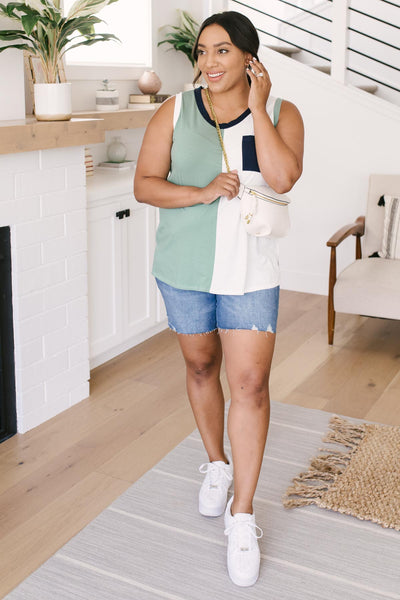 Half & Half Color Block Top In Harbor Mist