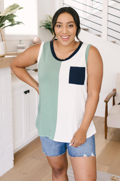 Half & Half Color Block Top In Harbor Mist