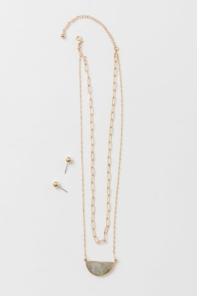 Half Moon Stone Stud & Necklace Set in Smokey Quartz