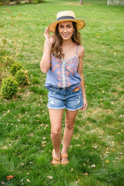 Hi-Rise Sun Embroidery Cutoff Shorts