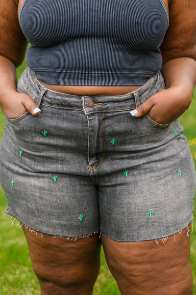 Hi-Waisted Cactus Embroidery Cutoffs