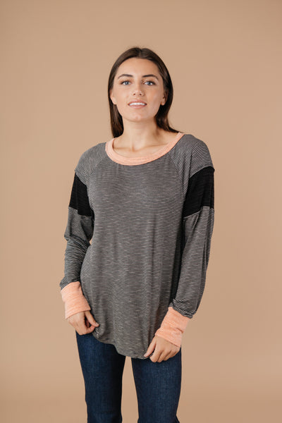 Home Base Contrast Long Sleeve Top In Black