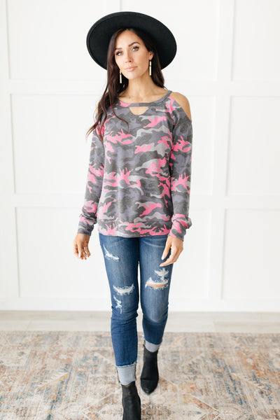 Hot Camo Cold Shoulder Top