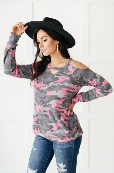 Hot Camo Cold Shoulder Top