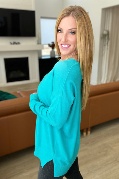 V-Neck Front Seam Sweater in Turquoise