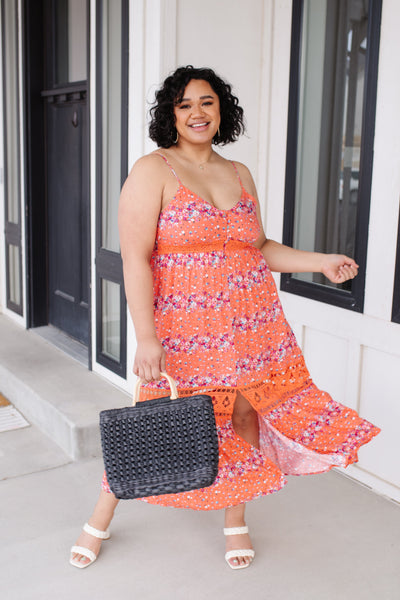 Stripes In Bloom Dress in Coral