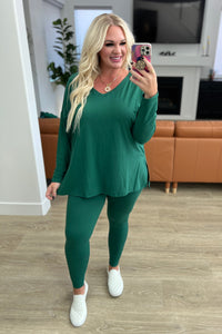 Buttery Soft V-Neck Long Sleeve Loungewear Set in Dark Green