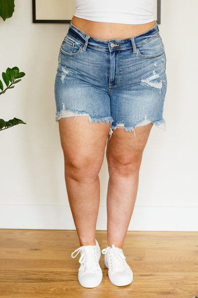 Jade Mid Rise Frayed Hem Shorts