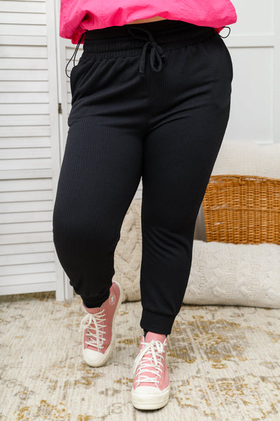 Kat High Waisted Textured Knit Joggers in Black