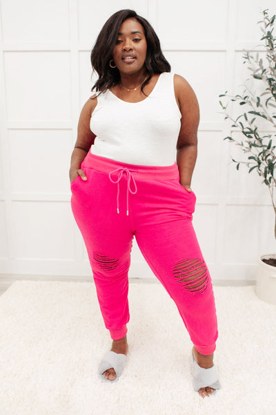 Kick Back Distressed Joggers Hot Pink