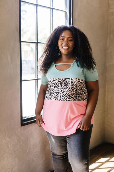 Leopard In The Middle Color Block Top In Mint & Coral