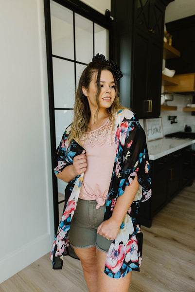 Lightweight Floral Kimono In Black