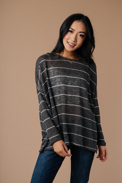 Lightweight Striped Pullover In Charcoal