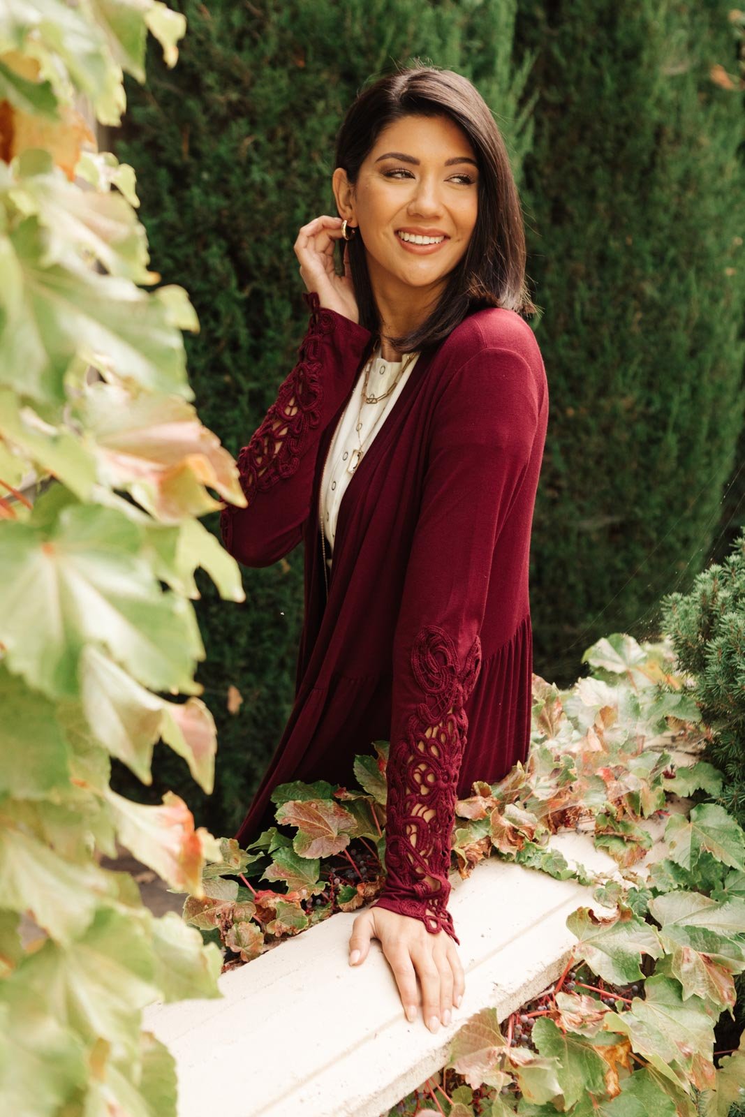 Little Bit Of Lace Cardigan in Burgundy