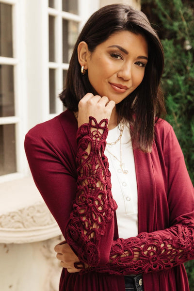 Little Bit Of Lace Cardigan in Burgundy