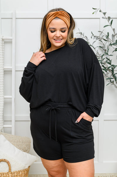 Long Sleeve Oversized Soft Top & Shorts Set In Black