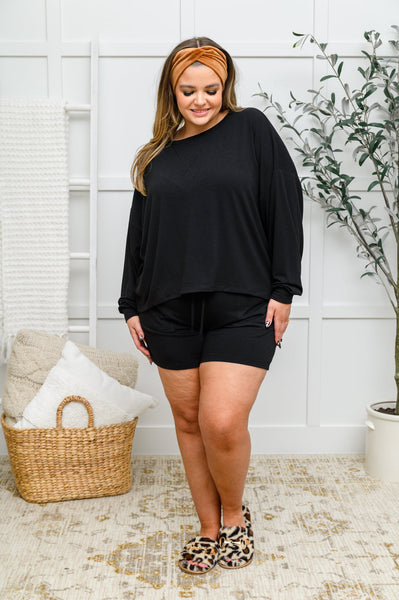 Long Sleeve Oversized Soft Top & Shorts Set In Black