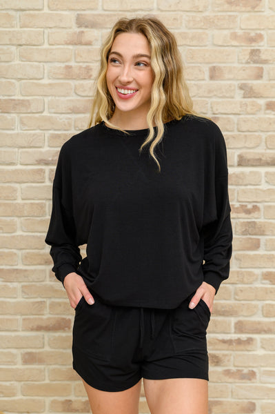 Long Sleeve Oversized Soft Top & Shorts Set In Black