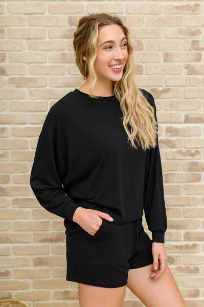 Long Sleeve Oversized Soft Top & Shorts Set In Black