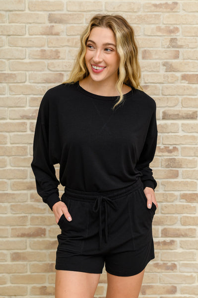 Long Sleeve Oversized Soft Top & Shorts Set In Black