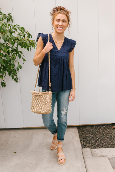 Lucy Eyelets Top in Navy