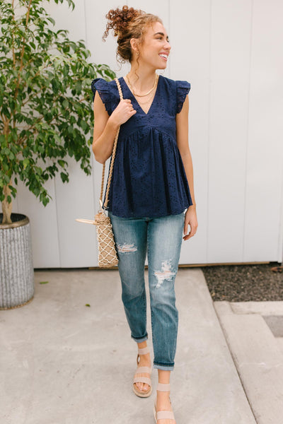 Lucy Eyelets Top in Navy