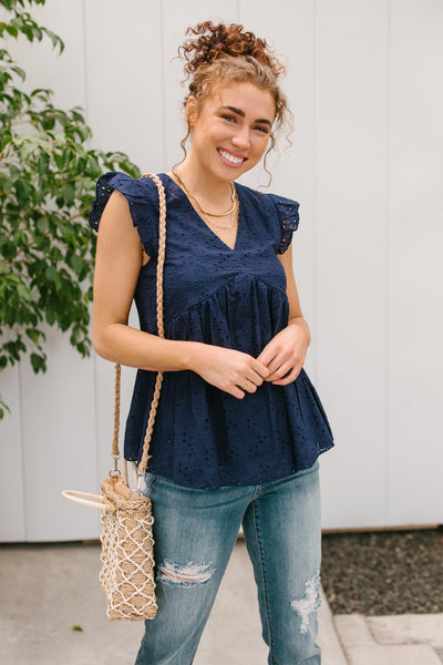 Lucy Eyelets Top in Navy