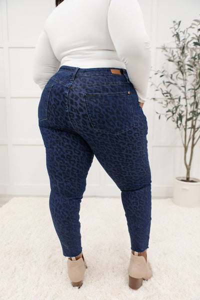 Mid-Rise Cheetah Print Skinnies in Denim