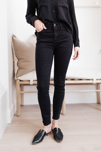 Mid-Rise Cheetah Print Skinnies in Black