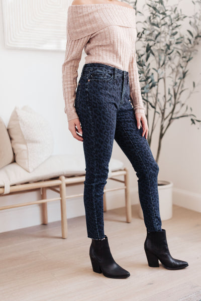 Mid-Rise Cheetah Print Skinnies in Denim