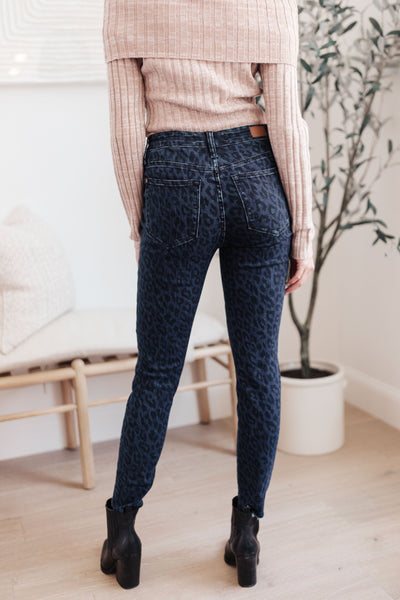 Mid-Rise Cheetah Print Skinnies in Denim