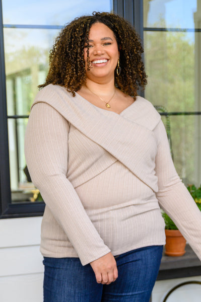 Need You Here Faux Wrap Ribbed Top In Latte