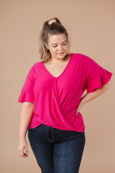 Nice Surprise Surplice Knit Top In Hot Pink