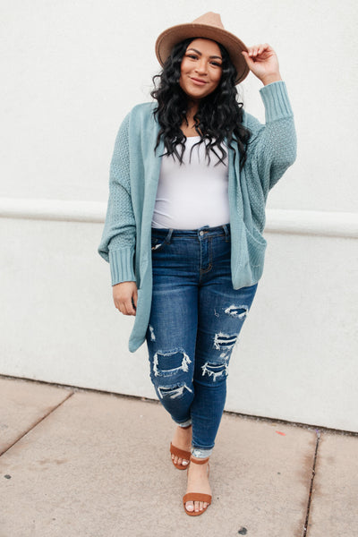 Not Your Grandmother's Cardigan in Dusty Blue