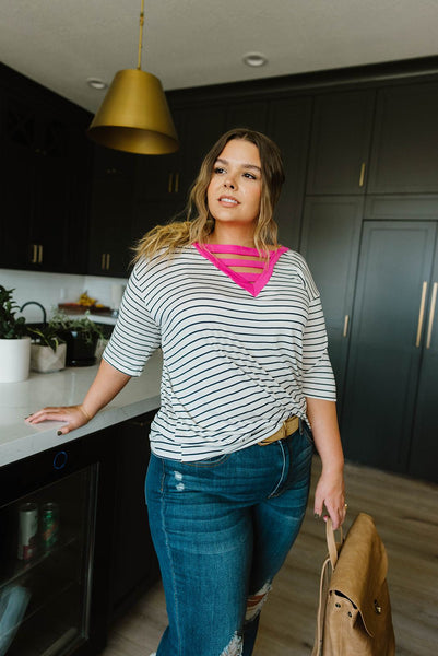 Pink Neon Striped V Top