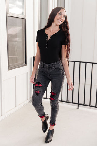 Plaid Peek-A-Boo Jeans in Charcoal