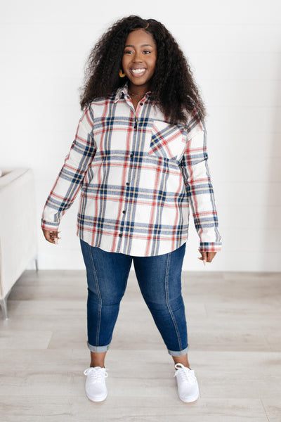 Pretty In Plaid Button-Up Top in Navy