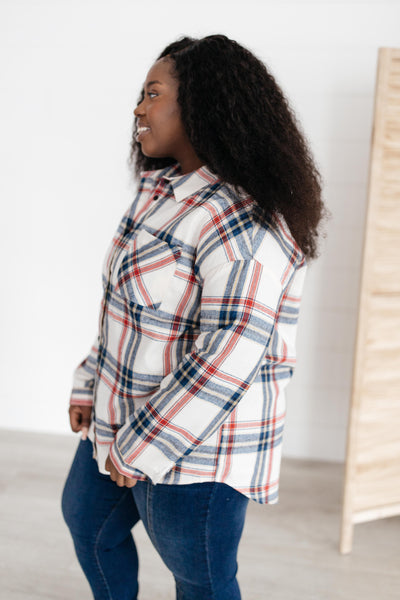 Pretty In Plaid Button-Up Top in Navy