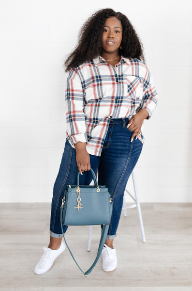 Pretty In Plaid Button-Up Top in Navy