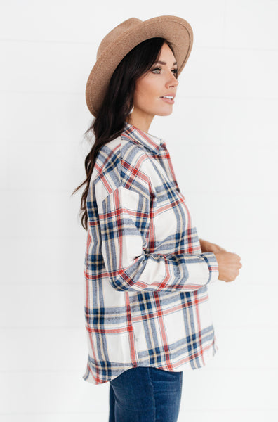 Pretty In Plaid Button-Up Top in Navy