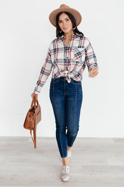 Pretty In Plaid Button-Up Top in Navy