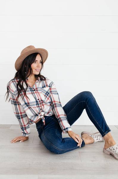 Pretty In Plaid Button-Up Top in Navy